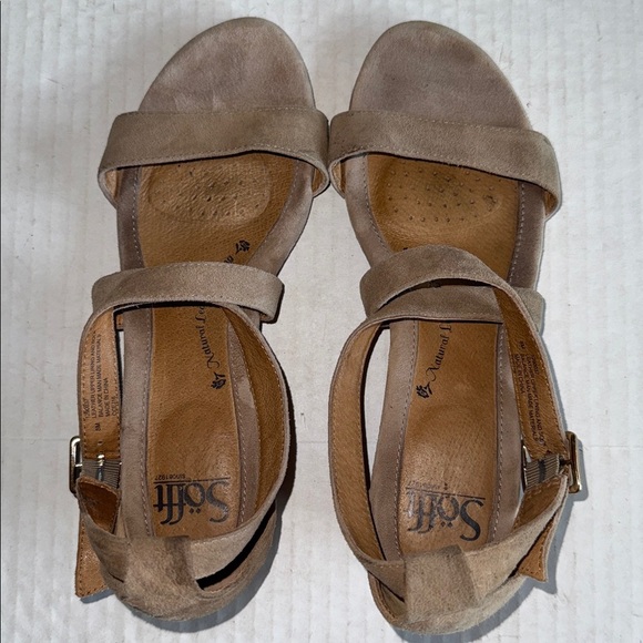 Sofft Tan Suede Innis Low Wedge Sandals - Picture 9 of 12